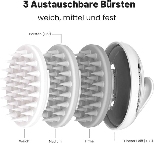 Massage Shampoo Bürste für Hunde mit 3 austauschbaren Bürsten