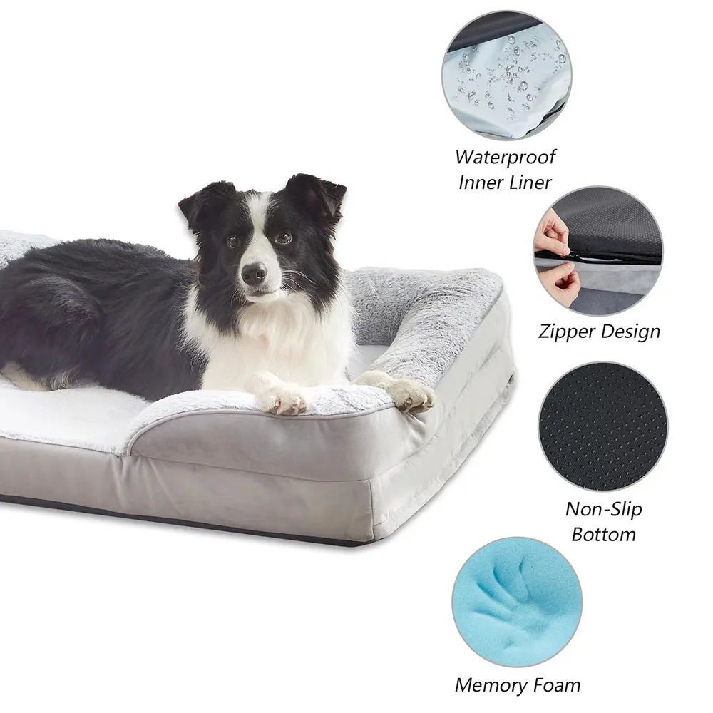 Orthopädisches Hundebett aus Schaumstoff, bequemes Haustierbett mit Nackenrolle - Lucky Dog Shop