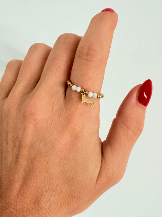 Perlenring Dackel Liebe - Stainless Steel - Onesize - Ring mit Perlen und Dackel Anhänger
