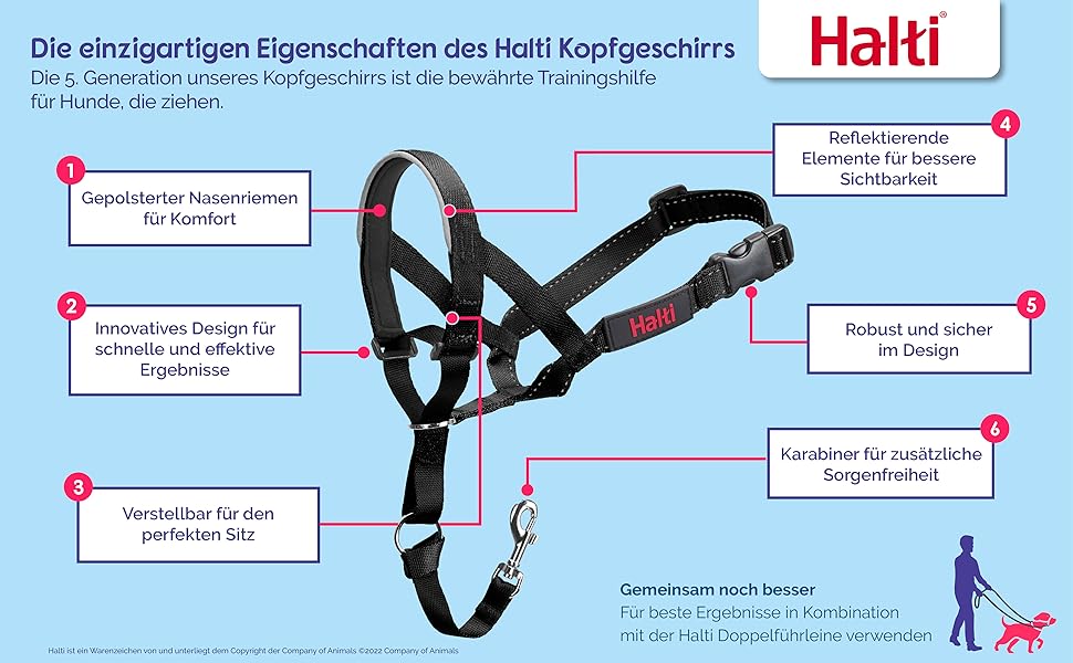 HALTI Kopfgeschirr - Verhindert, dass Ihr Hund an der Leine zieht, Einfache Anpassung, Leicht, mit gepolstertem Nasenriemen, Anti - Zug - Halsband für kleine Hunde (Größe 0, Schwarz) - Lucky Dog Shop